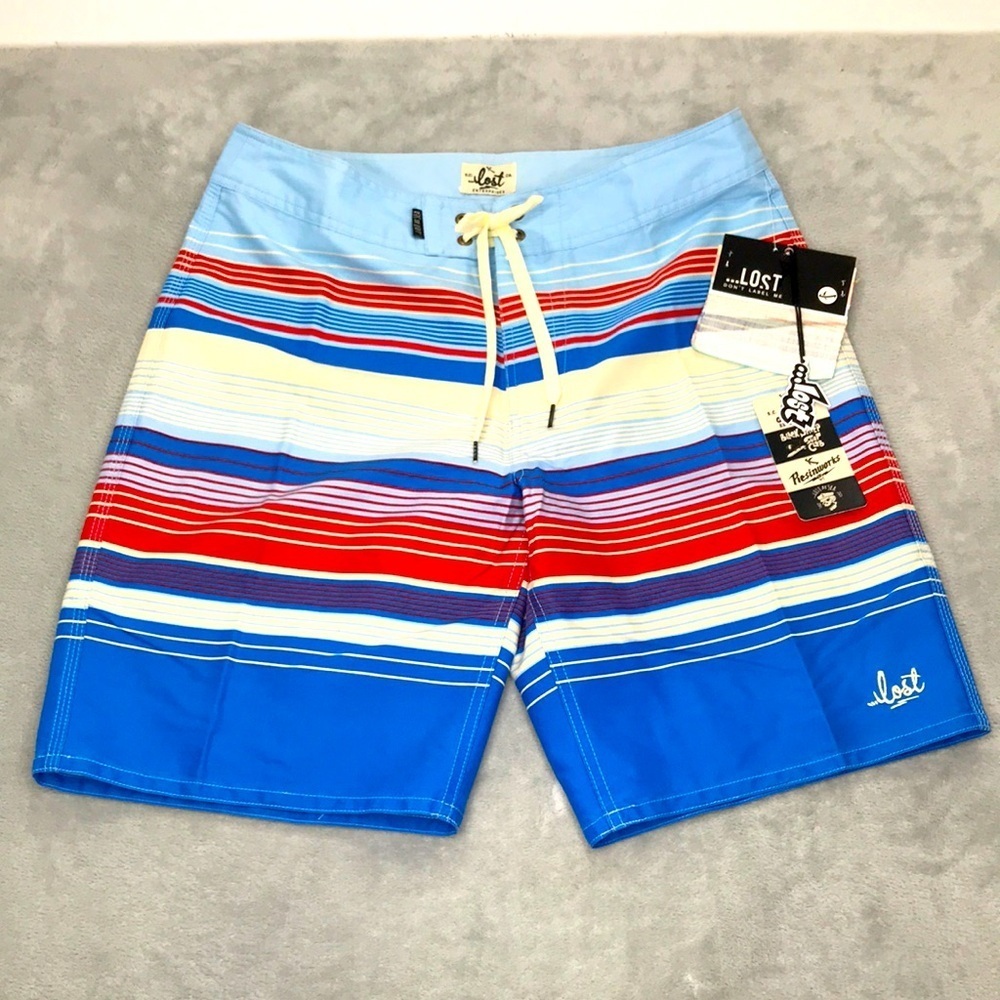 Lost Enterprises Red, White, and Blue Striped Board Shorts 32 New